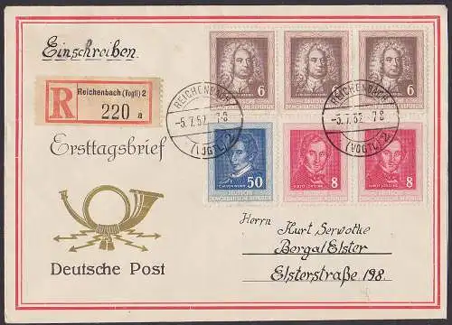 Reichenbach Lortzing, Händel, Weber R-FDC (308/10) mit Einlieferungsschein 5.7.52