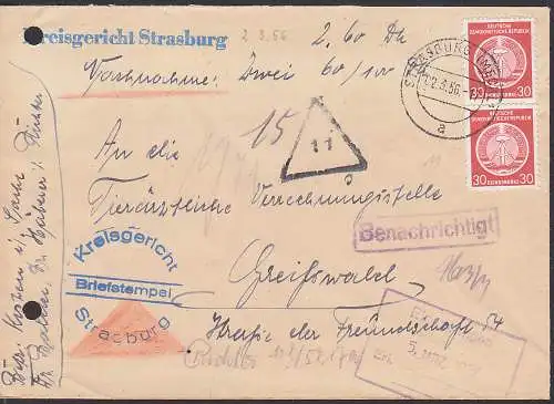 Strasburg (Mecklenburg) Nachnahme nach Greifswald mit diversen Bemerkungen, 2.3.56 (11x)