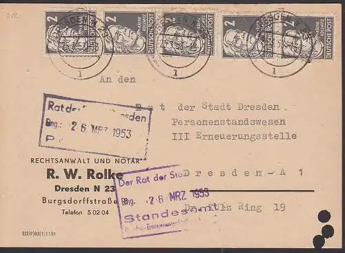 Käthe Kollwitz 2 Pfg. (5) Ortskarte 25.3.53 (150,- Bfe-Kat), Aktenlochung