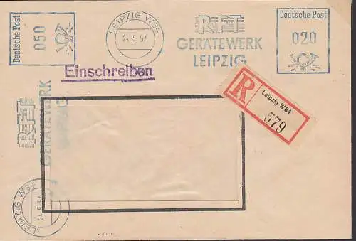 Leipzig W34 mit zwei AFS-Abschlägen, 20 und 50 Pfg. für R-Brief 24.5.57