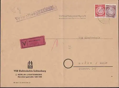 Berlin-Lichtenberg Verwaltungswertpost 26.2.56, mittig gefaltet, nach Halle