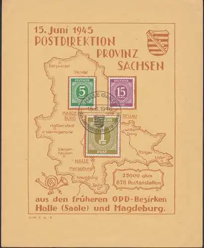 Provinz Sachsen Gedenkblatt SSt.15.6.45 Postdirektion