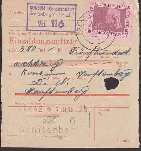 Senftenberg 20 Pfg. Friedrich Schiller in seltener Verwendung auf Einzahlungsauftrag 30.11.59