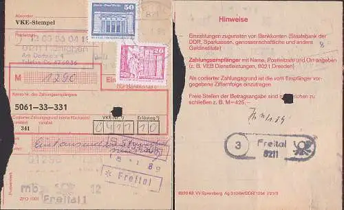 Freital 12.11.89 Einzahlungsnachweis Absender Hainichen, Umsatzeinzahlung