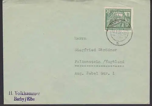 Barby (Elbe) 30 Pfg. Nationales Aufbauwerk auf Fernbrief 12.6.53