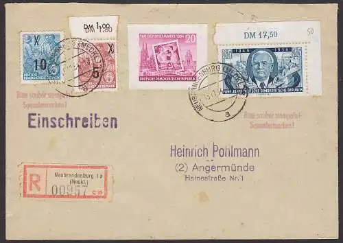 Neubrandenburg R-Bf mit 20 Pfg. TdBfm 1954 Marke aus Bock (445B) vom 15.11.54