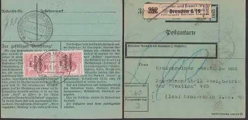 Paketkarte 282 Dresden A 19 mit 30 Pfg. (192) im senkr. Paar Centenar- und Bremsit-Werke