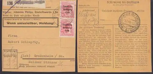 Paketkarte 136 Bischofswerda  mit 30 Pfg. (192) im senkr. Paar Aushilfspaketzettel