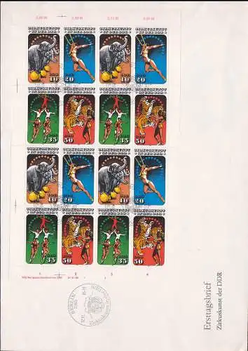 Zirkuskunst FDC mit kpl. Vierer-Bogen SSt. Berlin 12.11.85 (2983/86)