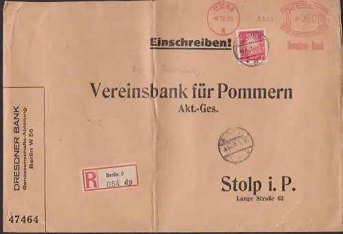 Perfin Berlin W8 AFS Dresdner Bank und 10 Pfg. Ebert mit "DB" 6.12.29 nach Stolp i. P