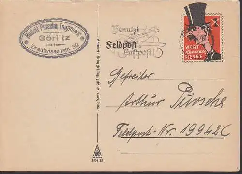 G?rlitz MWSt. Benutzt Luftpost 5.7.40 Propaganda "1 Pfg." gestrichen WERT keinen Pfennig, Feldpost