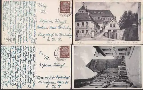 Guhrau Bz Breslau mit 10 Pfg. Hindenburg frankiert, Posener Str, mit Dohlenturm, kath. Kirche