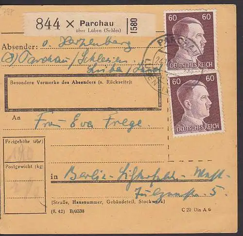 Parchau ?b. L?ben Schlesien Paketkarte 60 Pf. Hitler 797(2)