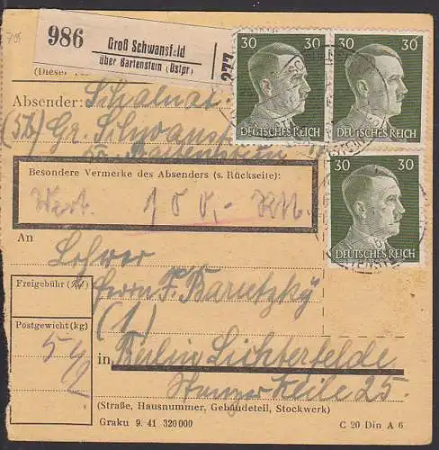 Gross Schansfeld ?b. Gartenstein Ostpreussen Paketkarte 30 Pf. Hitler 794(3)