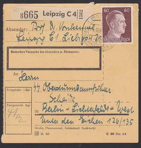 Leipzig C4 Reichsmessestadt  Paketkarte 60 Pf. Hitler 797