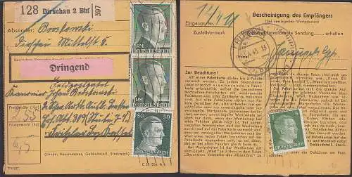 Dirschau 2 Bhf,  Paketkarte 1 RM  u.a Hitler 799z "Dringend"