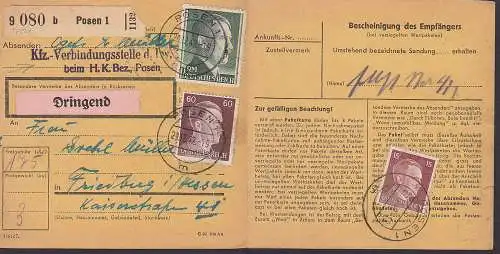 Posen, Paketkarte 1 RM  u.a Hitler 799z "Dringend"