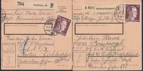 Hamburg 40, - Bergedorf Paketkarte 60 Pf. Hitler 797, nach Berlin-Lichterfelde, 2 Pakete