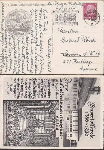 Heidelberg MWSt. Reichsfestspiele auf Anlasskarte 550 Jahre Uni, 15 Pfg. Hindenburg auf Auslandskte. (520)