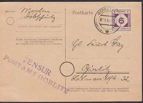 Zensur Postamt G?rlitz 7.8.45, 6 Pfg. Stadt G?rlitz, graues Papier