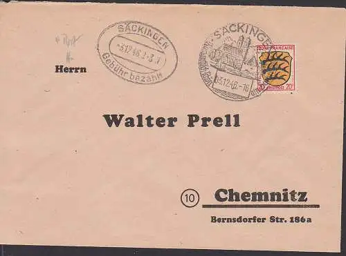 S?ckingen 3.12.46 Franz. Zone 20 F und Oval Geb?hr bezahlt ?ber 4 RPf nach Chemnitz