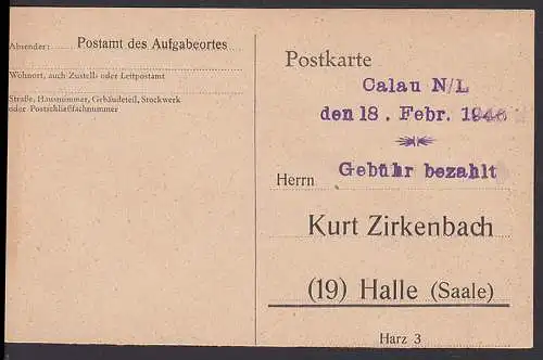 Calau Niederlausitz Z4 Barfrankatur Setzkasten 18. Febr. 1946 an K. Zirkenbach Halle