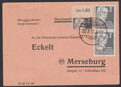 K?the Kollwitz Drucksache mit 2 Pfg. (3), dabei eine Marke v?llig verschnitten, Merseburg 22.3.52