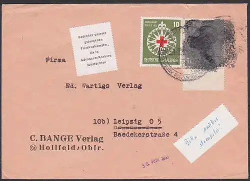 Hollfeld (Obfr.) Adenauer-Marke PkV1 - Postkrieg  auf Bf mit BRD 165 Kriegsgefangenmarke  nach Leipzig