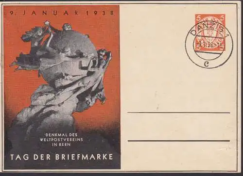 Denkmal Weltpostverein Bern auf GA 5 Pfg. Ost. DANZIG 9.1.38 Tag der Briefmarke