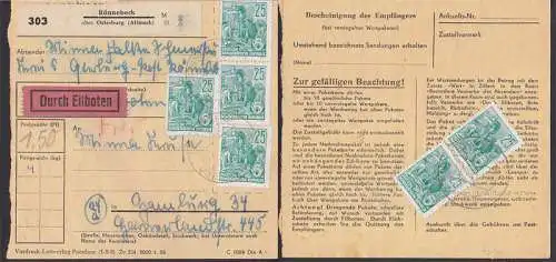 Rünnebeck über Osterburg (Altmark) Paketkarte-Eilbote, 25 Pfg.(6) 5-Jahrplan Lokomotive (415)