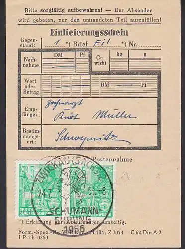 Zwickau SSt. Schumann-Ehrung 19565 Pfg (2) auf E-Schein (406), seltene Nachweis