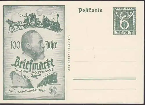 70 Jahre Postkarte 6 Pfg.-GA mit Postkutsche und Eisenbahn. H.v. Stephan, ungebrauchte PP