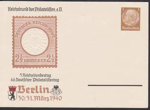 Berlin im M?rz 1940  3 Pfg. PP-GA mit Abb. 1 1/2 Groschen Gro?er Schild, ungebraucht