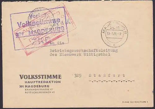 Magdeburg R4 ZKD-St. Verlag Volksstimme mit rotem R4 "Aush?ndigung ..Nr. 325" nach Sta?furt