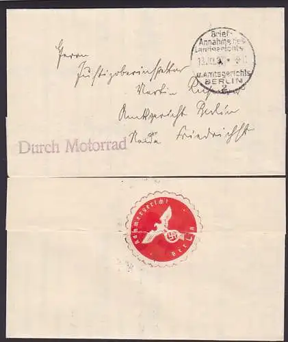 Botenbrief 13. JuL. 37 R1 Brief-Annahme des Landgerichts u. Amtsgericht Berlin 2, "Durch Motorrad"