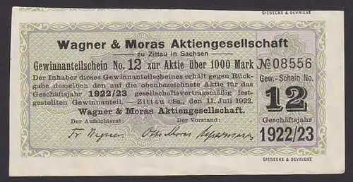 Zittau 11.Juli 1922 Gewinnanteilschein von Wagner & Moras