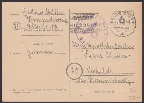 Braunschweig Aushilfs-GA 28.1.46 mit aptiertem Postsiegelstempel , Aktenlochung sauber repariert