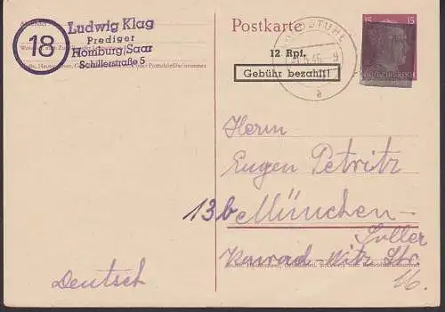 Homburg /Saar, Aushilskarte geschwärzter 15 Pfg. Wertstempel 1.5.46 nach München