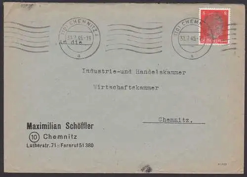 Chemnitz 31.7.45 Ortsbrief mit Schwärzung, geprüft AP786 I