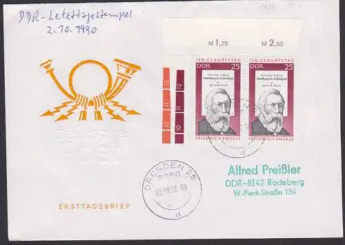 Friedrich Engels 25 Pfg im Paar mit DDR Letzttags-St. 2.10.1990 (1624)