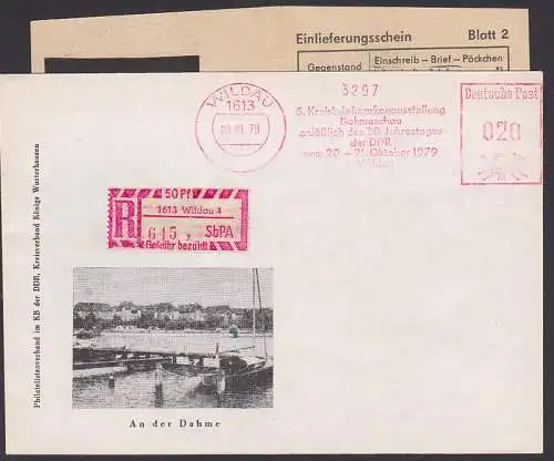 Wildau AFS Dahmeschau, R-Bf mit SbPA auf Schmuckbrief An der Dahme 20.10.79, mit Einl-Schein