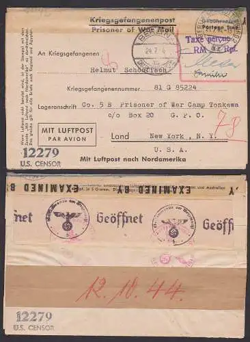 Berlin-Charlottenburg Kriegsgefangenpost nach USA mit U.S. CENSOR mit Z2 Taxe peercue 24.7.44