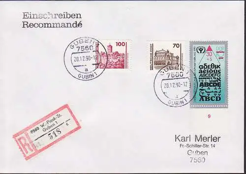 Guben Umbenennung Wilhelm-Pieck-Stadt Guben DDR 3353 R-Bf mit ABC-Marke, Alphabetisierung 20.12.90