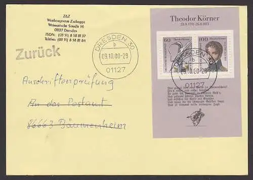 Theodor Körner 200. Geburtstag BRD Bl. 25 EF Anschriftenprüfung portorichtig