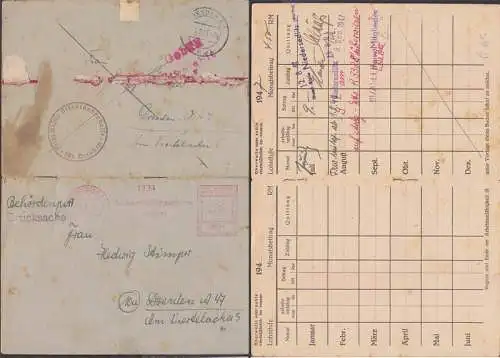 Dresden 15.8.45 Gebühr bezahlt Setzkasten auf Ortskrankenkassenbuch, u. AFS Rücksdg Behördenpost