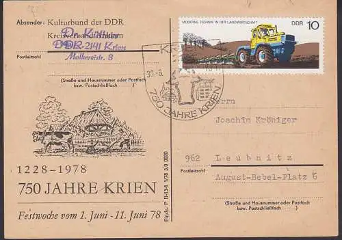 Krien SSt 750 Jahre auf Karte mit Zudruck Festwoche und Dv Eindr. P II-3-1 1/78 5,0 0020