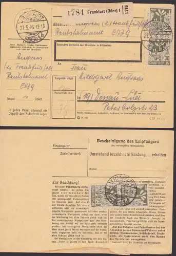 STADT BERLIN 30 Pfg. (7A(4)) auf Paketkarte mit Einl.-Teil aus Frankfurt (Oder) 27.5.46, SBZ Bären