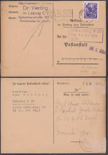 Anschriftenprüfung MWSt. Leipziger Messe  mit techn. Messe1 954, Aktenlochung zugeklebt