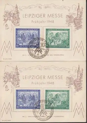 Leipzig Frühjahrsmesse kpl. auf Unterlage mit SoSt. 2.9.48 Ersttag FDC Mi. 967/68, vor Zollschranken