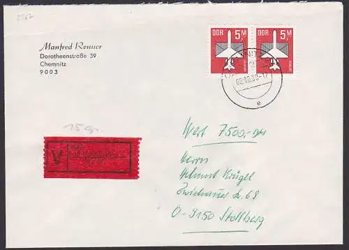 Luftpost-Ausg. 5,- M(2) auf Wertbrief Karl-Marx-Stadt vom 2.10.90, Nachverwendung, da bereits Chemnitz